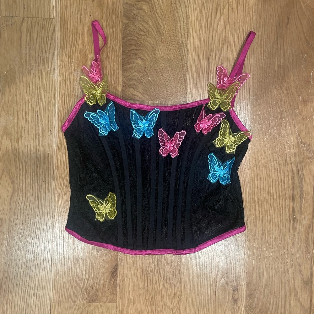 Corset Style Tank Top with Butterfly Appliqués